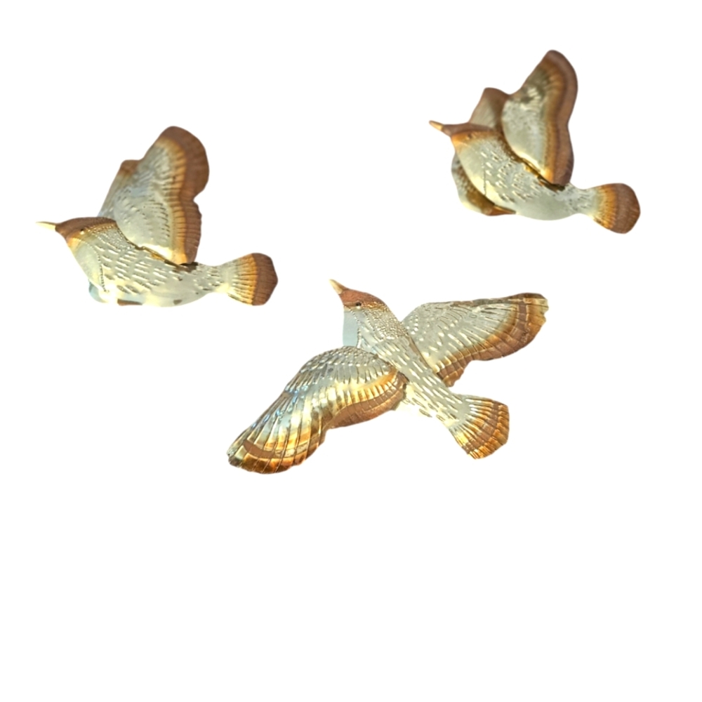 Flying Birds Vintage Wall Deco Set Of Three Gold Metal Brass Birds
